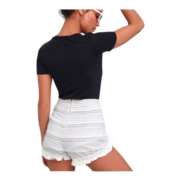 lulus Savvy Blue and White Striped White Fringe Along Sides Hem Shorts Medium - Picture 10 of 11